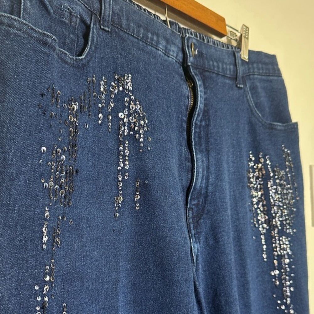 Quacker Factory Sequin Jeans Womens 18 Straight Leg Elastic Waist Cotton Blue - Picture 2 of 11